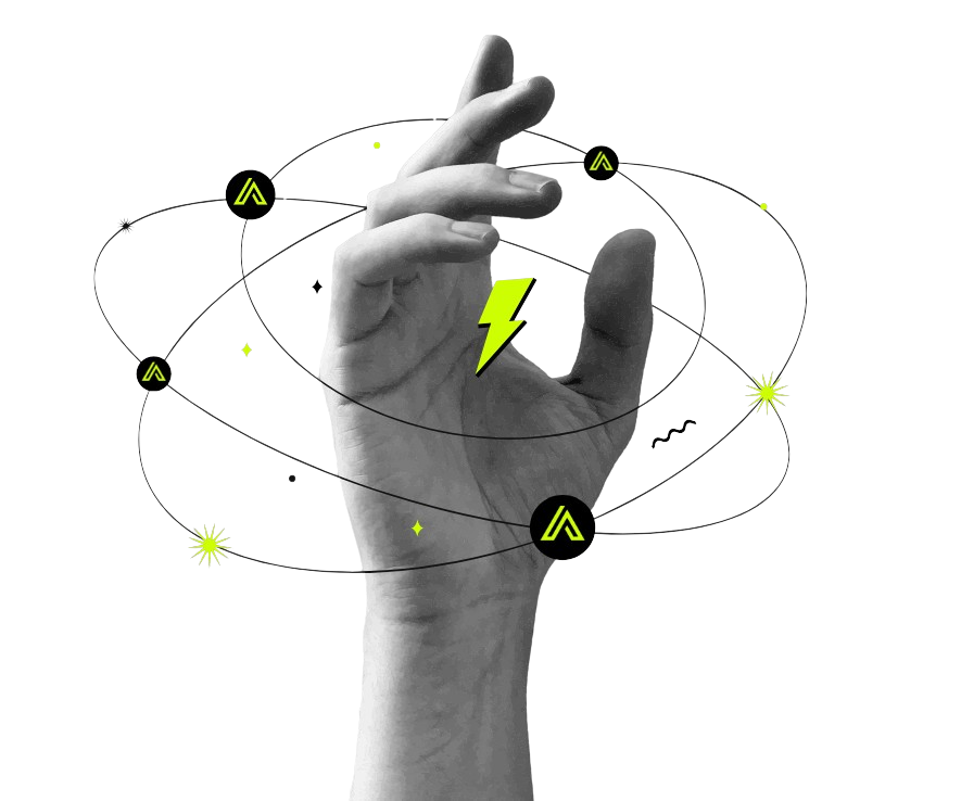 Hand illustration with orbital marks and Adest Hub symbols